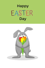 Easter bunny with bouquet of flowers on white background. Cute greeting card Happy Easter Day.