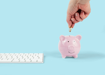 Pink piggy with coin and keyboard