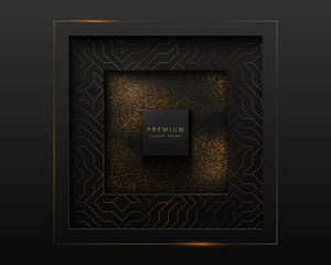 Vector black and gold abstract square luxury frame. Geometric golden pattern, sparkling sequins on black background. Premium label design