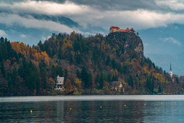 Beautiful medieval castle on hill near Bled lake in Slovenia