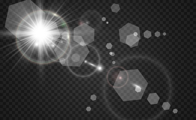 Special lens flash, light effect. The flash flashes rays and searchlight. illust.White glowing light. Beautiful star Light from the rays. The sun is backlit. Bright beautiful star. Sunlight. Glare.