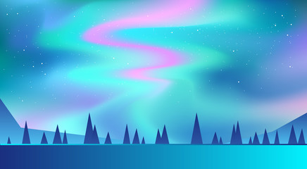 Night Sky, Aurora Borealis, Northern Lights Effect, Realistic Colored polar lights. Vector Illustration, abstract space design for aurora borealis.   The background blue, green, pink and purple
