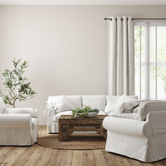 Naklejka premium Scandinavian farmhouse living room interior, wall mockup, 3d render