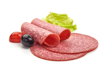 Sliced Salami smoked sausage, isolated on white background