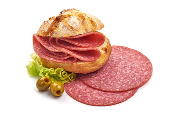 Salami sausage sandwich, isolated on white background