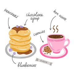 Vector illustration of breakfast. Cup of coffee, cookies and pancakes. Cartoon  style illustration. 