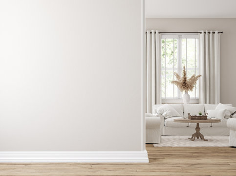 Scandinavian farmhouse living room interior, wall mockup, 3d render