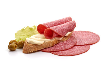 Salami sausage and cream cheese sandwich, isolated on white background