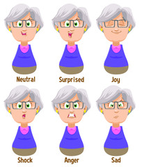 Different moods of silver haired spectacled old woman: neutral, surprised, joy, shock, anger, sad. Set of female emotions, emoji for animation. Cartoon illustration isolated on white background.