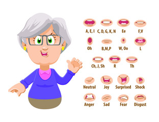 Cute old woman, spectacled grandmother shows to set of mouth, teeth positions. Lip sync emotions collection. Can be used for animation. Cartoon vector illustration isolated on white background.
