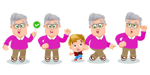 Vector cartoon set with silver haired pensioner in different mood and poses. Old man keeps permissive sign, stands with arm akimbo, waves, puts hand to ear to hear better, walks with grandson.