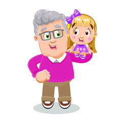 Silver haired aged man in glasses, pink sweater and brown trousers standing with arm akimbo and holding small girl on shoulder. Happy grandfather spending time with his granddaughter. Vector cartoon.