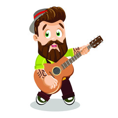 Bearded hipster with tattoo in hat, light green shirt, red tie, brown suspender trousers standing, playing guitar. Young plump man singing song. Vector cartoon illustration isolated on white.