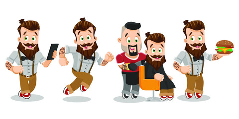 Vector cartoon set with bearded hipster with tattoo in different situations. Young sportive man using smartphone, running, hurry up, sitting in barber chair, keeping hamburger. Stylish waiter.