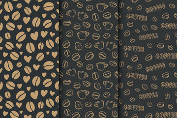 Vector set of black pattern with bronze coffee beans and hearts.	