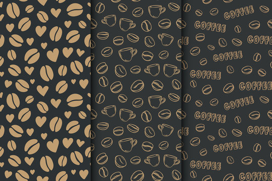 Vector set of black pattern with bronze coffee beans and hearts.	