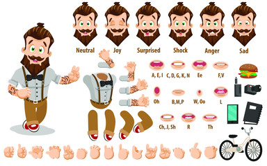 Cartoon bearded man, hipster constructor for animation. Parts of body: legs, arms, face emotions, hands gestures, lips sync. Full length, front, three quater view. Set of ready to use poses, objects.