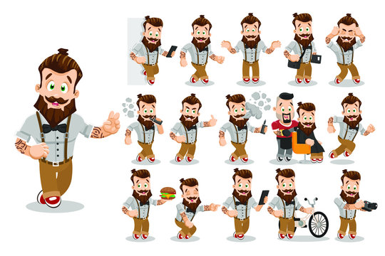 Bearded sportive hipster with tattoo going, standing, running, keeping sandwich, camera, bicycle, smartphone, copybook, helpless, laughing, smoking. Vector cartoon big set isolated on white.