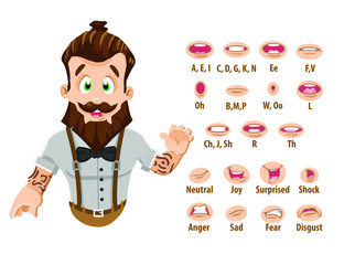 Bearded hipster, young man with bow tie shows to set of mouth, teeth positions. Lip sync emotions collection. Can be used for animation. Cartoon vector illustration isolated on white background.
