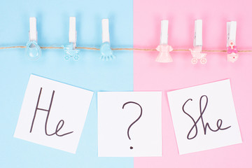 Gender reveal gathering party concept. Close up photo of small clothespins with little footprint beanbag bib hanging on a rope text on white background