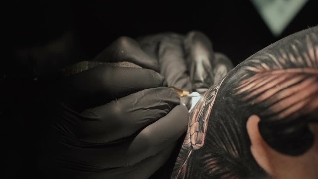 Close up video of man doing tattoo of snake in studio
