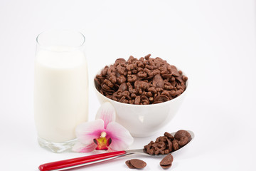 Breakfast cereal, cornflake chocolate in cups and milk is a healthy breakfast that is healthy for the body every day on a white background.