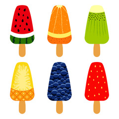 Simple set with watermelon, orange, qiwi, grape, strawberry, pineapple ice cream in retro style. Vector illustration. Summer theme.