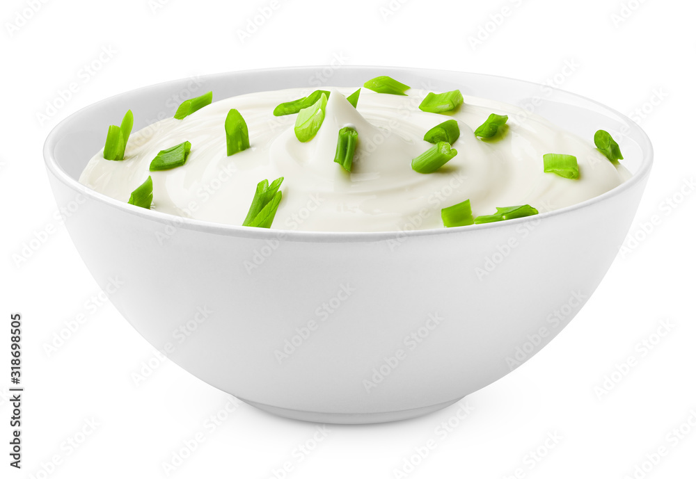 Wall mural sour cream with onion in bowl, isolated on white background, clipping path, full depth of field