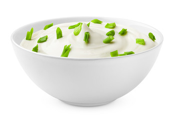 sour cream with onion in bowl, isolated on white background, clipping path, full depth of field