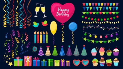 Fototapeta na wymiar Birthday party collection. Balloons, garlands, candles and cakes, color confetti and gift boxes. Celebrating vector icons