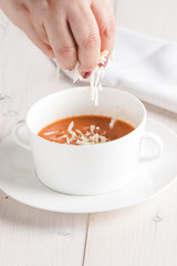 Winter spicy lentil cream soup on light airy background