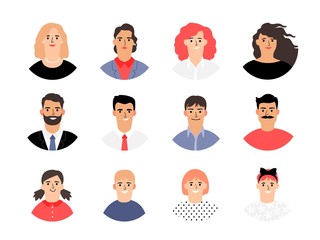 Female male and kids avatars. People faces for id. Cartoon persons vector collection