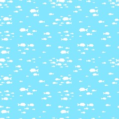 Fishes pattern. Sea or ocean background. School of fish silhouettes on blue vector seamless texture