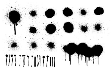 Spray painted texture. Graffiti stencil template, Black grunge splatter, spray effect and spray paints. Street art texture, paint silhouettes, vandalism grunge elements, circles and dots. Vector  - obrazy, fototapety, plakaty