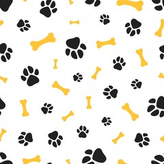 Pets paw pattern. Bones and animal footsteps seamless texture. Pet store vector background