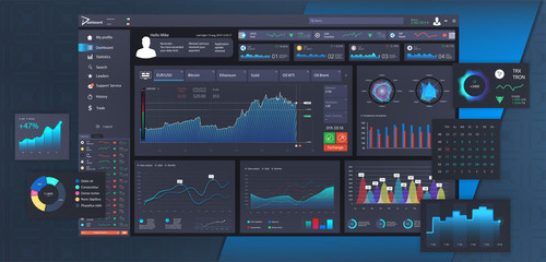 Beautiful modern dashboard with infographics, statistics and finance charts. Trading platform dashboard in flat style. Admin analytics panel template, business infographic. Vector illustration