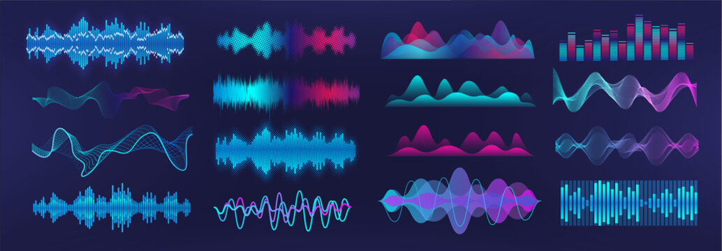 Sound waves equalizer. Frequency audio waveform, music wave, voice graph signal in futuristic style HUD. Microphone voice control set and sound recognition. Audio waves vector set