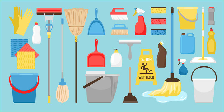 Cleaning and disinfection tools. Clean floor, vector sanitary and hygiene products, broom and mop, bucket and gloves household equipment items isolated on white background