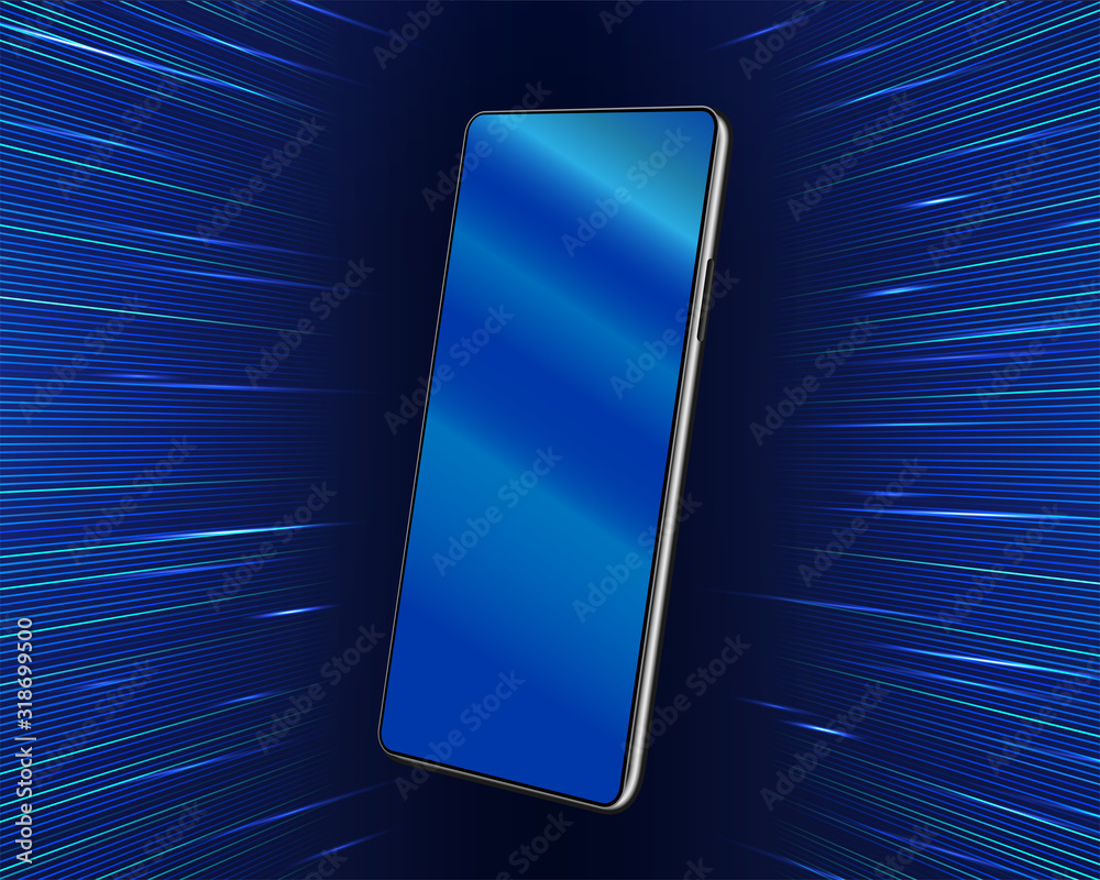 Poster Smartphone mockup hanging in the air on a futuristic background. 3D realistic cellphone in perspective view with reflection. Mobile phone perspective view with blank screen. UI, UX, KIT presentation.