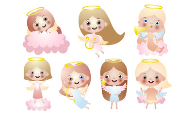 Set of cute beautiful angel girls. Vector illustration in flat cartoon style.