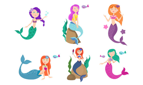 Set of colorful beautiful sea mermaid in different positions. Vector illustration in flat cartoon style.