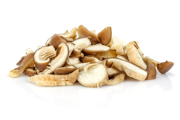 Bunch of chopped fresh oyster mushrooms isolated on a white background with shadow and reflection...