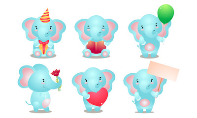 Set of cute happy smiling kid blue elephant character. Vector illustration in flat cartoon style.