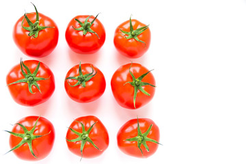 Group of delicious ripe red tomatoes on white background. Top view. Healthy and organic food concept. Agriculture and harvesting. Vegetable store in supermarket. Illustration for price tag.