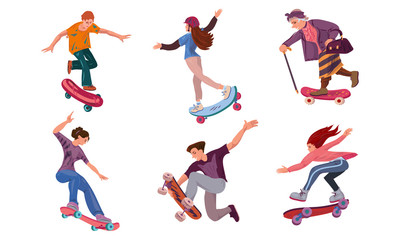 Fototapeta na wymiar Set of different ages people on skateboard in city park. Vector illustration in flat cartoon style.