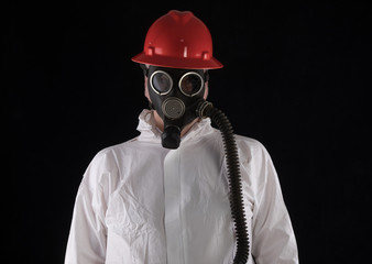 portrait of a fireman in gas mask