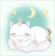 Baby unicorn sleeps on cloud