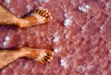 Man's feet in the water of a pink salt lake