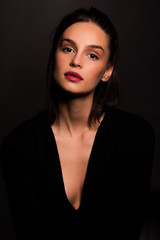 Fototapeta premium portrait of fashion model beautiful girl with freckles in studio, close up, beautiful girl young woman 