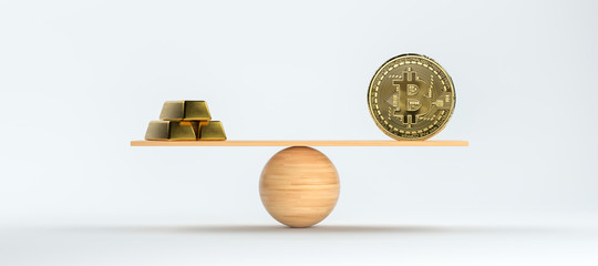 wooden scale balancing bitcoin and gold bars on front white background